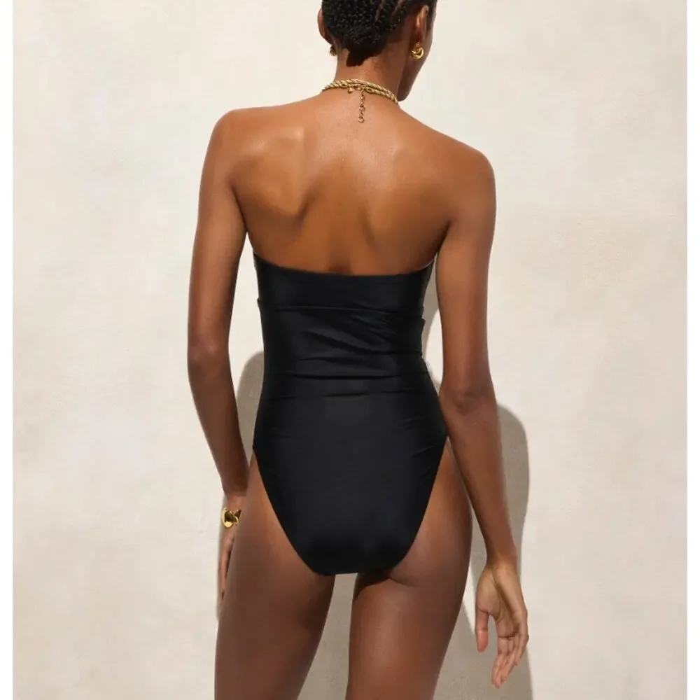 J.Crew Gemma Ruched Bandeau Cut-out One Piece Swimsuit 10 Black Removable Straps